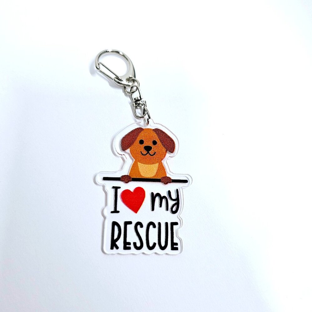 I Love My Rescue Dog Keychain, Cute Acrylic Pet Lover Gift for Dog Lovers Owners